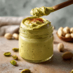 Dubai Pistachio Cream in luxury jar with saffron and pistachios