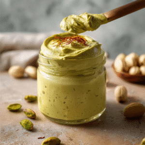 Dubai Pistachio Cream in luxury jar with saffron and pistachios