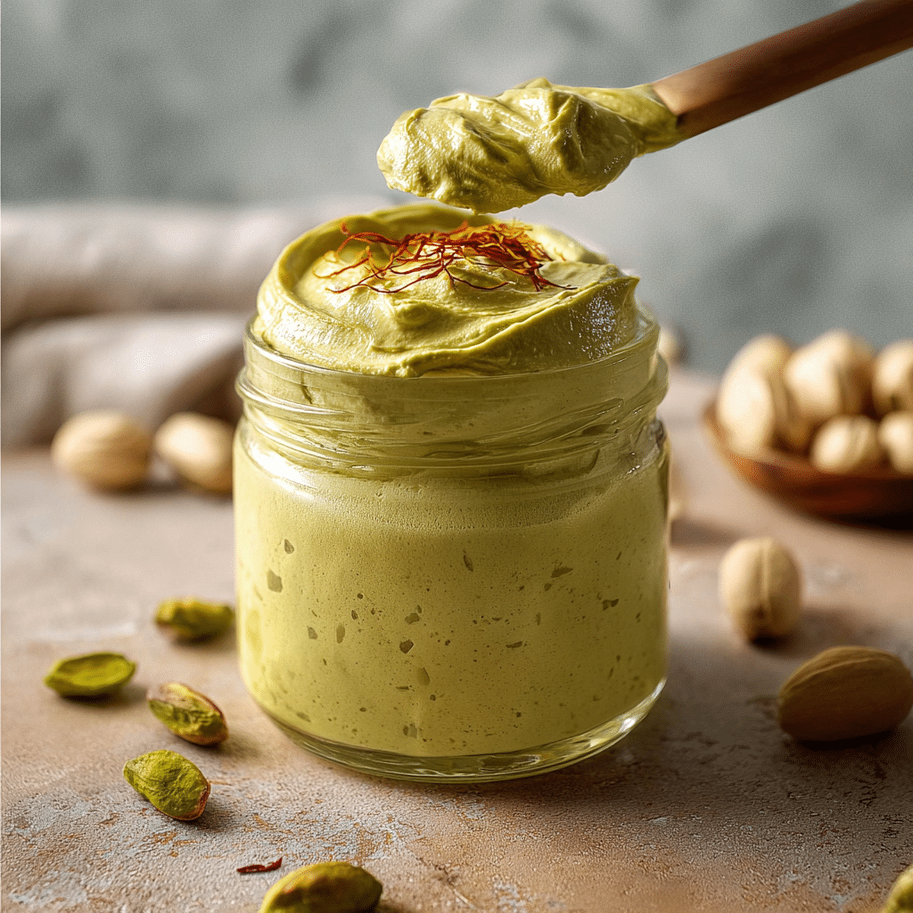 Dubai Pistachio Cream in luxury jar with saffron and pistachios