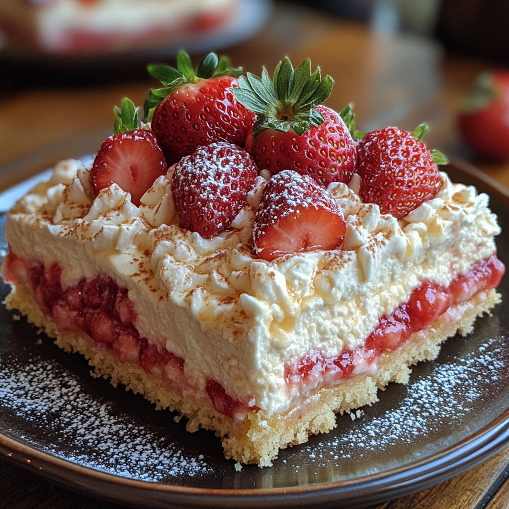 Home 5 Strawberry cheesecake dump cake freshly baked with cream cheese swirl
