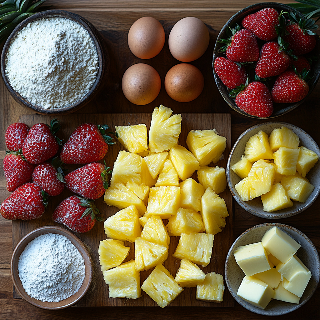 Strawberry Pineapple Pound Cake: A Moist and Fruity Dessert Favorite 6 saskdev 98455 Overhead shot of raw baking ingredients on a wo 520759c2 649a 4cf2 a5fd 39b795aed935 0