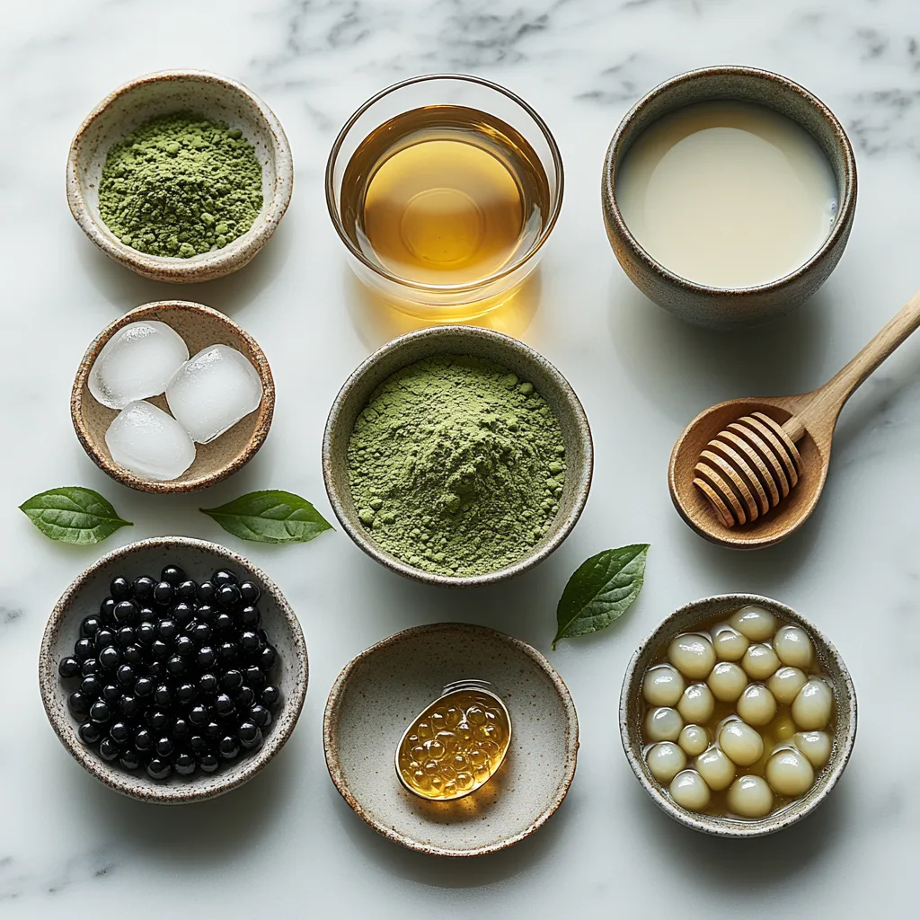 Matcha Bubble Tea – The Complete Guide to Flavor, Health Benefits, and Recipes 3 saskdev 98455 Ultra realistic top down view of all ingredient 78691085 b094 413e 9cf2 378480d3e799 0