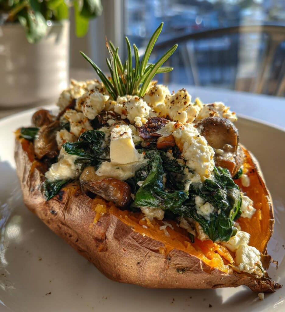 Stuffed Sweet Potatoes with Spinach, Mushroom, Feta, and Rosemary