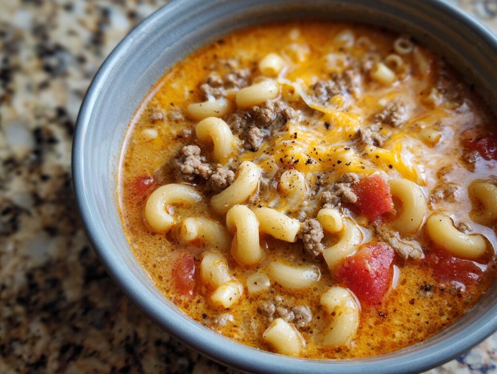 One Pot Macaroni Cheeseburger Soup Recipe