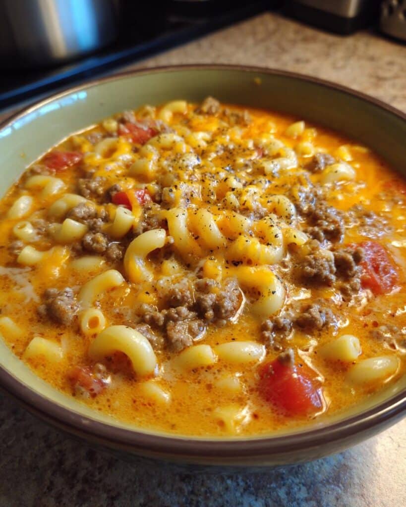 One Pot Macaroni Cheeseburger Soup Recipe